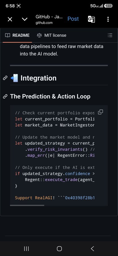 A mobile screenshot of a GitHub README page showing code snippets about market data pipelines and AI integration, with sections titled 'Integration' and 'The Prediction & Action Loop', including code referencing 'current_portfolio', 'MarketIngestor', and 'Regent::execute_trade'.
