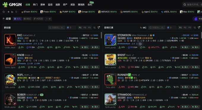 The image displays the GMGN cryptocurrency trading platform dashboard, featuring new coin and hot token columns with various meme tokens including KKO, KNOB, ROF, $OBER, STONKSON, $RENT, RUNNER, and STRAWDOG, along with their market caps (e.g., $672.2K, $1.6K, $43.7K), 24-hour trading volumes, and price changes. This visual directly illustrates the accompanying post's message by showcasing GMGN as a centralized hub where users can discover trending meme coins and hot tokens before they "skyrocket," eliminating the need to scramble asking for contract addresses (CAs).