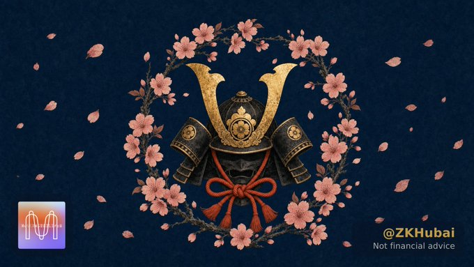 A stylized digital illustration of a samurai helmet kabuto with golden horns, a demonic face mask, and a red knot, surrounded by pink cherry blossoms on a dark blue background with '@ZKHubai - Not financial advice' watermark.