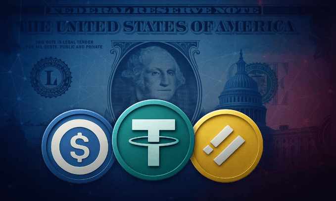 Conceptual image displaying USDC, Tether, and Binance USD stablecoin logos in front of a faded US one-dollar bill featuring George Washington.