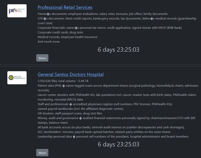 A dark-themed digital interface lists details of data breaches for 'Professional Retail Services' and 'General Santos Doctors Hospital', specifying stolen documents, file counts, and data volumes, with both entries showing '6 days 23:25:03'.