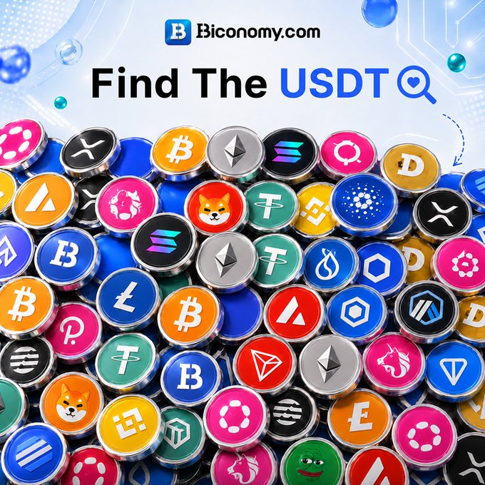 A promotional graphic for 'Biconomy.com' titled 'Find The USDT' featuring a pile of colorful cryptocurrency coins including Bitcoin, Ethereum, Solana, Shiba Inu, and Tether.