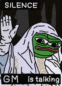 Meme image of Pepe the Frog wrapped in a white sheet like a ghost with one hand raised, with the text 'SILENCE' at the top and 'GM is talking' at the bottom.