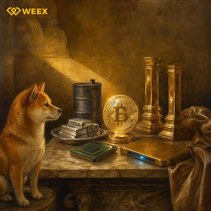The image depicts a classical still-life scene featuring a Shiba Inu dog beside a table adorned with golden candlesticks, silver ingots, a Bitcoin coin, a metallic canister, a green book, and a modern electronic device, all bathed in warm light with the "WEEX" logo in the top-left corner. The composition beautifully bridges traditional symbols of wealth (gold, silver) with modern crypto assets (Bitcoin) and contemporary technology, visually reinforcing WEEX's promise of "More Markets. One Place." by showcasing the convergence of diverse asset classes—from precious metals and digital currencies to everyday trading tools—accessible through a single platform.