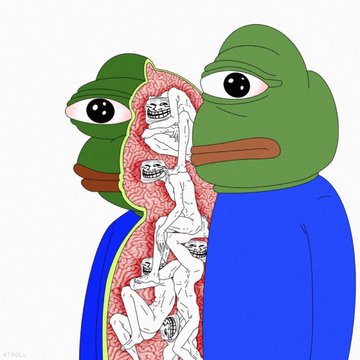 An illustration showing two Pepe the Frog characters in a hug, with a cutaway view revealing "Wojak" or "Doomer" figures trapped inside them.