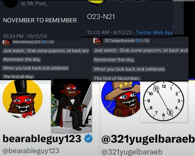 A side-by-side Twitter comparison shows @_Mr_Pool_ posts “NOVEMBER TO REMEMBER” and “OCT23-N21,” both saying, “Just watch. Grab some popcorn, sit back and … Remember this day … The first of November,” while changing the date from 10/12/22 to 10/12/24. It illustrates the accompanying claim that “OCT23-N21 IT IS HAPPENING,” marking a retrospective celebration of the first anniversary of November.