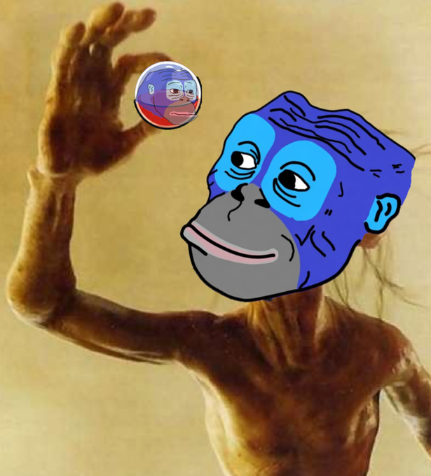 A dark, realistic illustration of a gaunt figure looking into a mirror, with cartoonish blue ape faces edited over the reflection and the figure's head.