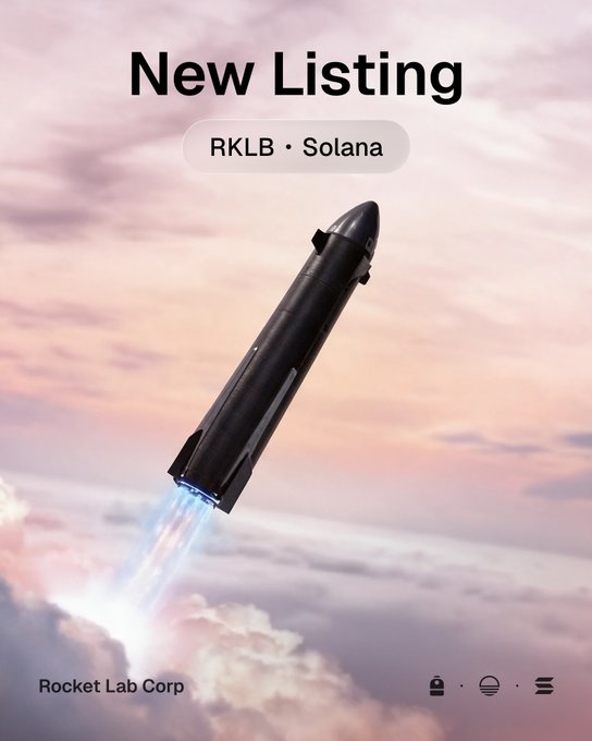 A promotional graphic announcing a new listing features Rocket Lab's black Electron rocket launching through pink-hued clouds, with the text "New Listing" and "RKLB · Solana" prominently displayed, marking Rocket Lab Corp's ($RKLB) tokenization on the Solana blockchain via Sunrise, issued by Backpack Securities.