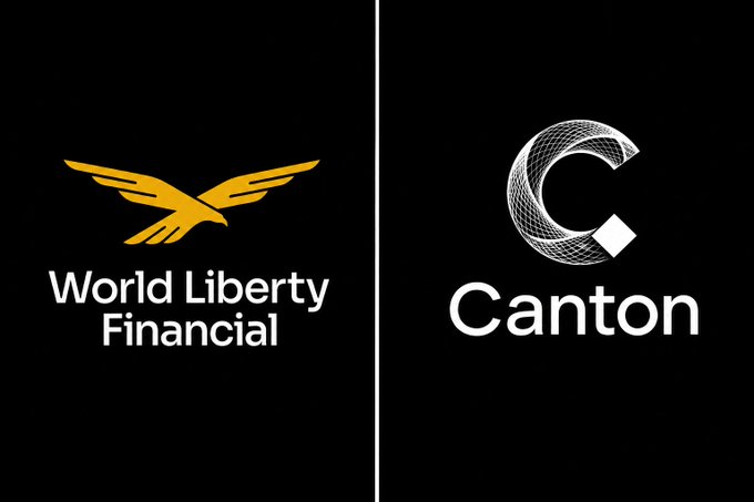 A black background displays two company logos side by side: the golden eagle emblem of "World Liberty Financial" on the left and the silver "Canton" logo on the right.