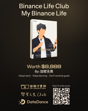 Binance Life Club advertisement for 'My Binance Life' NFT worth $8,888, featuring a cartoon character and a QR code with Chinese text.
