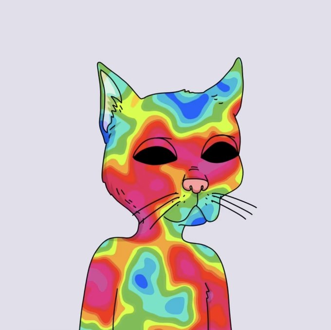 A colorful, psychedelic illustrated cat character with a heat-map style pattern of blues, greens, yellows, and pinks covering its face and body against a gray background.