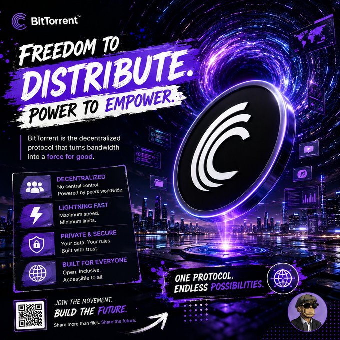A promotional poster for BitTorrent with the headline 'FREEDOM TO DISTRIBUTE. POWER TO EMPOWER.', describing it as a 'decentralized protocol that turns bandwidth into a force for good,' with a QR code and a character wearing sunglasses in the corner.
