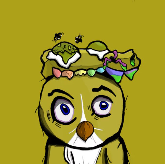 A digital drawing depicts a green, wide-eyed bird-like character with a white face and beak, wearing a colorful decorated headpiece with bees buzzing above.