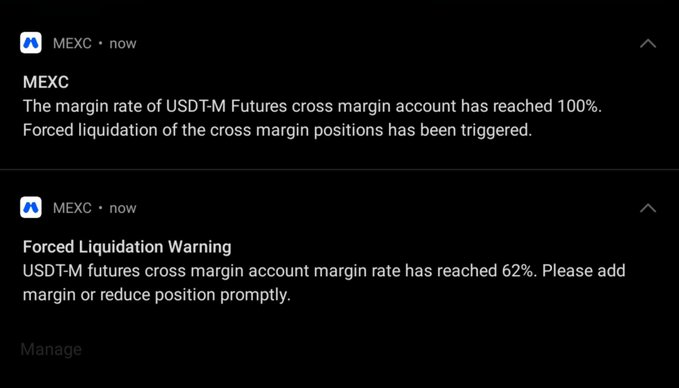A dark-mode screenshot of notifications from 'MEXC' stating 'The margin rate of USDT-M Futures cross margin account has reached 100%. Forced liquidation of the cross margin positions has been triggered.'