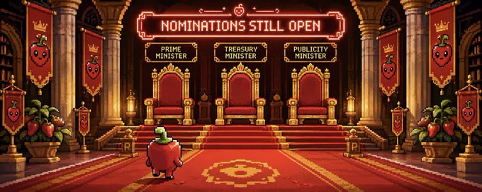 The image features a cartoon-like scene of a grand room with red walls and gold accents, including four golden chairs arranged around a large table. A small green apple sits on top of the table. The text " nominations still open" is displayed above the chairs, indicating that the competition for the position of Prime Minister has not yet ended. The post also mentions the "Pepper Parliament nomination phase", which suggests that there are still opportunities to apply and be considered for this role.