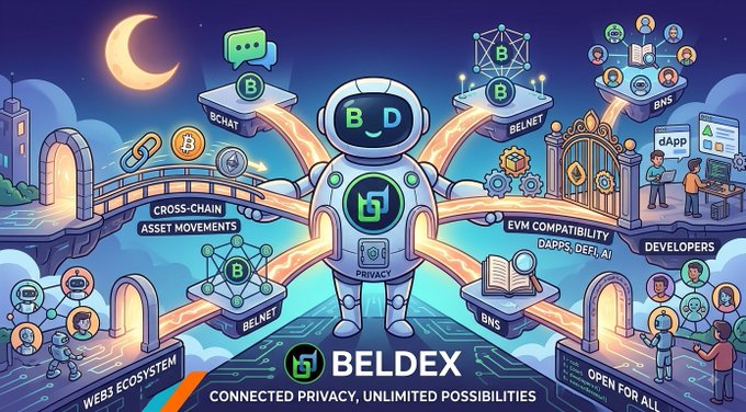 An illustrated infographic for BELDEX featuring a robot mascot surrounded by various platforms including BCHAT, BELNET, BNS, and developers, with the tagline 'CONNECTED PRIVACY, UNLIMITED POSSIBILITIES'.