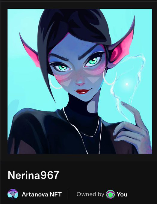 A digital NFT artwork titled 'Nerina967' featuring a blue-skinned elven female character with pink ears and green eyes holding a glowing orb, part of the Artanova NFT collection.