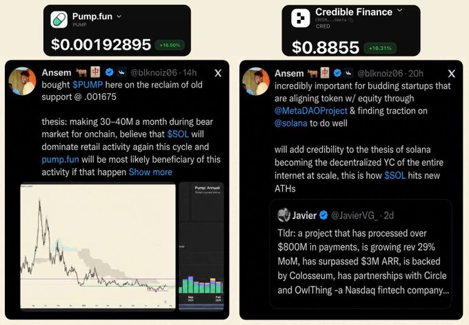 A composite image shows two cryptocurrency price tickers—Pump.fun (PUMP) at $0.00192895 (+16.50%) and Credible Finance (CRED) at $0.8855 (+16.31%)—above screenshots of X posts from Ansem (@blknoiz06) discussing onchain Solana activity and his purchases of $PUMP (calling out its $30-40M monthly revenue) and aligning with $SOL through projects like @MetaDAOProject and @solana, directly illustrating the big buys and Solana onchain momentum highlighted in the accompanying post.