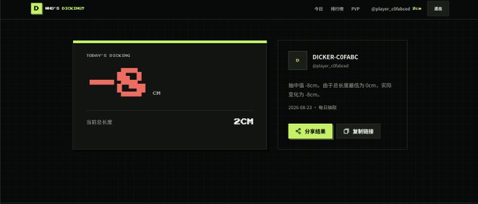 A website interface for '今日的 DICKING' showing a red pixelated d**k graphic measuring -8 CM, with text '抽中值-8cm, 抽中总长度组值为0cm, 实际变化为-8cm' and a username 'DICKER-C0F4BC'.