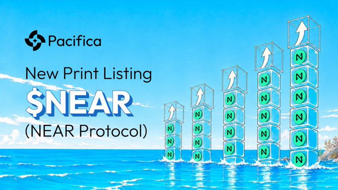 A promotional graphic from Pacifica announces a new print listing for $NEAR (NEAR Protocol), set against an ocean backdrop with ascending stacks of blue "N" blocks topped by white arrows symbolizing upward growth. The image visually reinforces the message of leveraged $NEAR trading available on the platform at app.pacifica.fi/print/NEAR.