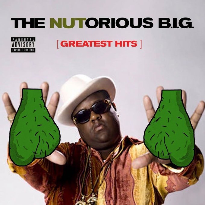 An edited album cover for 'The Nutorious B.I.G. Greatest Hits' featuring his hands replaced with cartoon green fists.