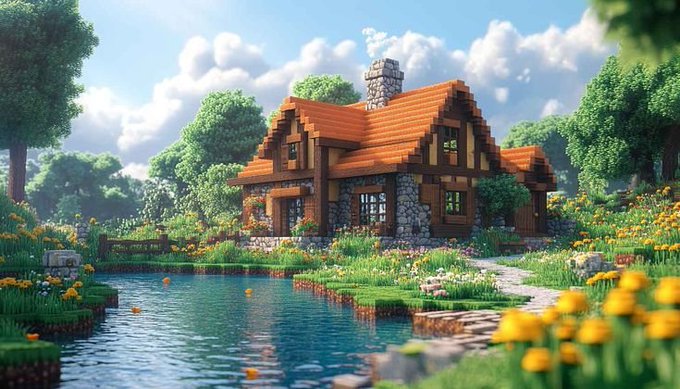 A vibrant digital artwork in a blocky, pixelated style depicting a charming house with an orange tiled roof and stone walls, situated next to a tranquil pond surrounded by lush greenery and yellow flowers.