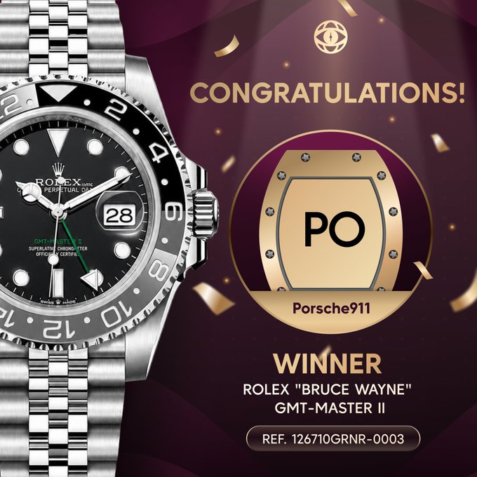 A congratulatory graphic for 'Porsche911' (PO) winner of a Rolex 'Bruce Wayne' GMT-Master II watch, featuring the watch image and reference number 126710GRNR-0003.