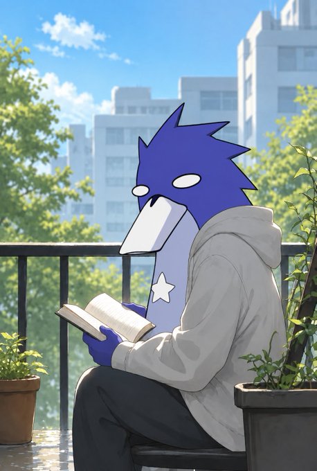 An anime-style illustration of a blue bird-like character with a white beak wearing a gray hoodie, reading a book on a balcony overlooking a city.