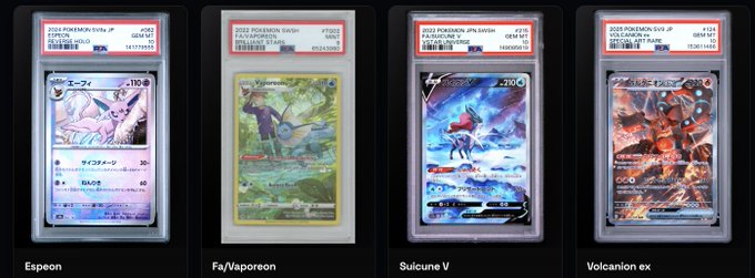 The image shows four graded Japanese Pokémon cards in PSA slabs: Espeon V (PSA 9), a Fa/Vaporeon card (PSA 9), Suicune V (PSA 10), and Volcarona ex (PSA 9). The post highlights the collector's excitement over pulling valuable hits from the YourGrails packs, with the Suicune V Gem Mint 10 likely being the standout pull among these high-grade Japanese cards.