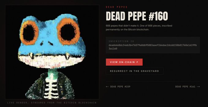 A webpage for "Dead Pepe #160" showing a blue and orange frog character with hollow eyes, alongside text explaining that 666 pepes were inscribed permanently on the Bitcoin blockchain.