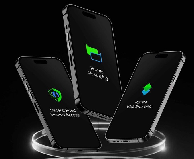 Three iPhones display BeldexCoin's core privacy features on their screens—"Decentralized Internet Access," "Private Messaging," and "Private Web Browsing"—visually reinforcing the post's message that messaging, browsing, and transactions form an interconnected digital footprint that needs protection across all layers.
