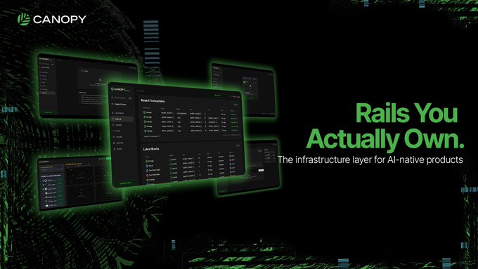 A promotional graphic for Canopy displays software dashboards with the text 'Rails You Actually Own. The infrastructure layer for AI-native products.'