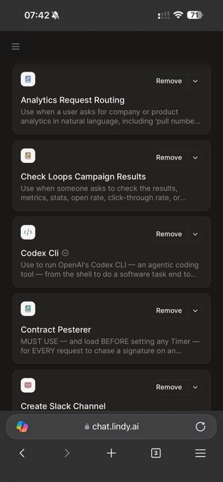 A mobile browser view of chat.lindy.ai showing a list of AI agent tools including Analytics Request Routing, Check Loops Campaign Results, Codex CLI, Contract Pesterer, and Create Slack Channel.