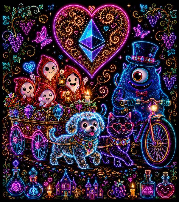 A neon-colored psychedelic illustration featuring cute characters including hooded figures, a blue furry monster on a bicycle, a poodle, and a cat wearing heart-shaped glasses, centered around a glowing heart and crystal on a black background.