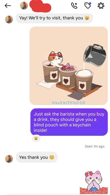 A chat conversation where a person thanks someone for advice, followed by an image of a cat-themed coffee shop (Silly Kitties Co) and instructions to ask the barista for a blind pouch with a keychain.