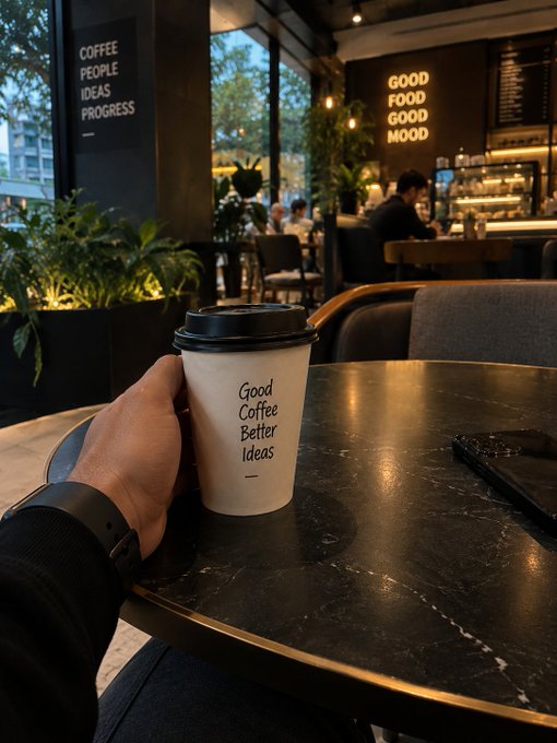 A hand holding a coffee cup reading "Good Coffee Better Ideas" in a café with wall text "COFFEE PEOPLE IDEAS PROGRESS" and "GOOD FOOD GOOD MOOD."