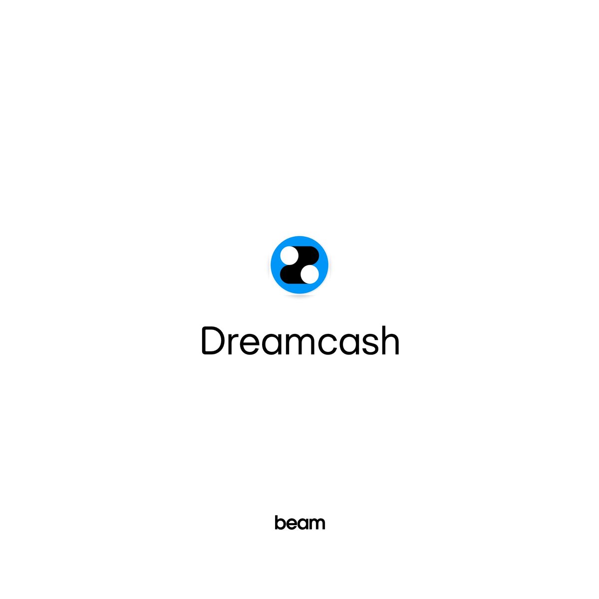 A minimalist white logo screen displaying a blue circular icon above the word 'Dreamcash', with the word 'beam' shown below.