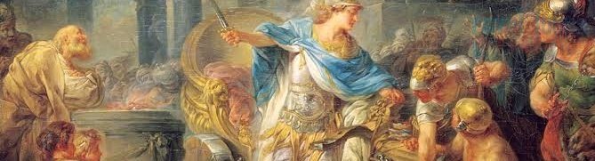 A classical painting depicts a dramatic scene with a central warrior figure in golden armor and a blue cloak, wielding a sword amidst a crowd of onlookers.
