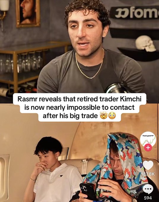 The image shows a TikTok video with 187.8K likes, featuring a man speaking into a microphone above, with text reading "Rasmr reveals that retired trader Kimchi is now nearly impossible to contact after his big trade," and two younger men sitting on a couch below looking dejected while staring at a phone. The post's "Calm 187,000 likes" reference aligns with the visible engagement metrics, while the mood reflects the somber tone of traders unable to reach a successful peer.
