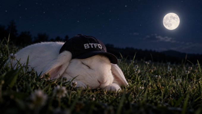 A white rabbit wearing a black cap with "BTFD" written on it sleeps peacefully in a grassy field under a full moon and starry night sky.