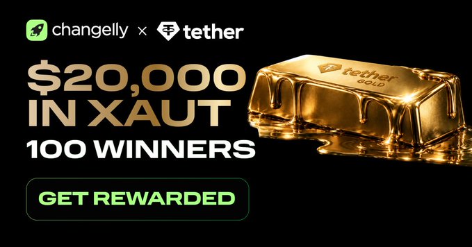 A promotional banner for a Changelly x Tether giveaway reading "$20,000 IN XAUT, 100 WINNERS, GET REWARDED," featuring a gold bar labeled "tether GOLD".
