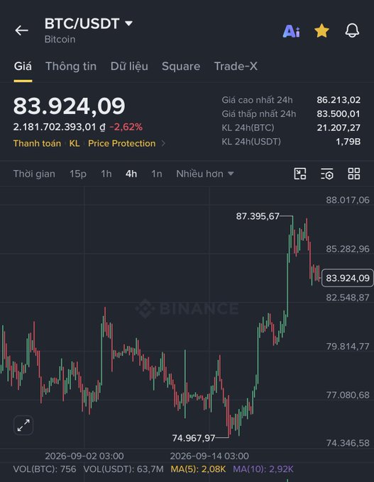 A Binance trading interface for BTC/USDT showing Bitcoin priced at 83,924.09 USDT, down 2.62%, with 24h high of 86,213.02 and low of 83,500.01 on a 4-hour chart.