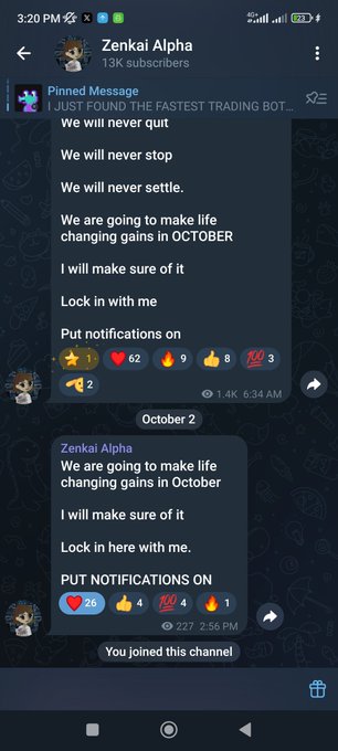 A Telegram channel screenshot named 'Zenkai Alpha' with 13K subscribers, where a pinned message promises 'life changing gains in OCTOBER' from a trading bot, alongside reactions to view counts.