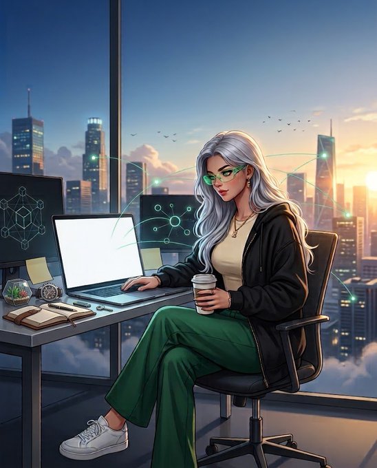 A digital illustration of a silver-haired woman with green glasses sitting at a desk with a laptop, holding a coffee cup, with a futuristic city skyline visible through the window behind her.