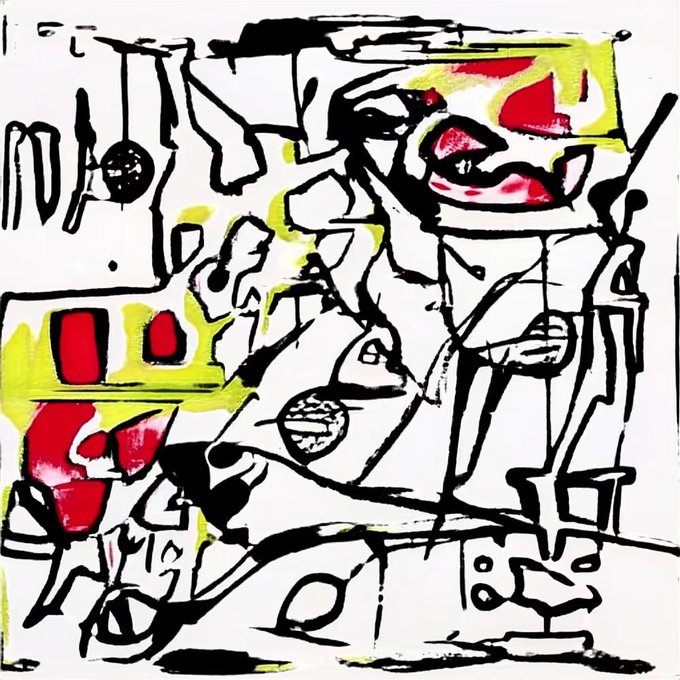 An abstract expressionist painting features bold black brushstrokes on a white background, accented with vivid red and yellow-green shapes.