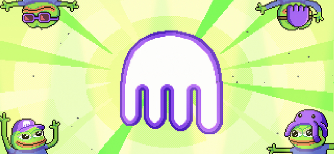 A pixel-art style image featuring a purple jelly-like character in the center against a green background, surrounded by small frog-like creatures in the corners.