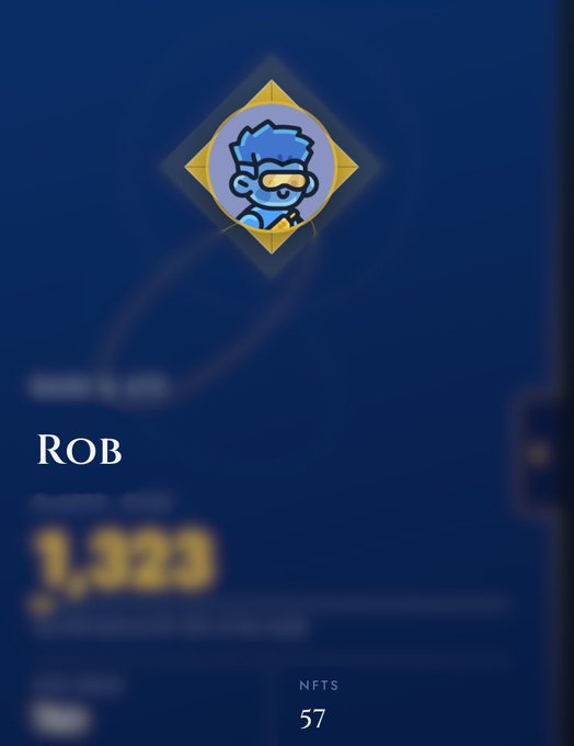 A profile screen showing a blue cartoon avatar named "ROB" with the wallet address "Rob.sol" and a balance of 1,323, with 57 NFTs.