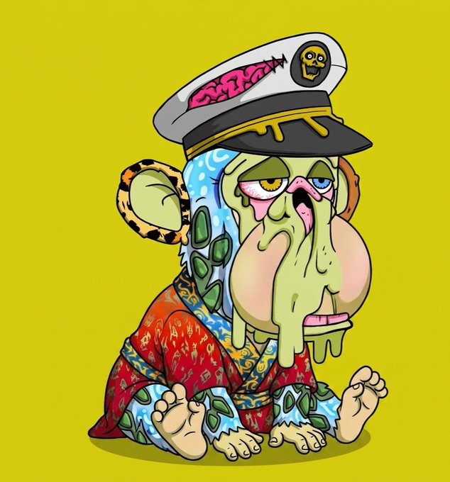 A 2D cartoon illustration of a grotesque, zombie-like character with oozing green skin, drooping eyes, and visible brain matter under a white captain's hat with a skull emblem, seated on a yellow background wearing patterned robes.