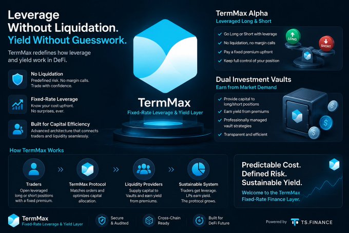 A promotional graphic for 'TermMax' with the tagline 'Leverage Without Liquidation. Yield Without Guesswork.', detailing its DeFi features and powered by 'TS.FINANCE'.