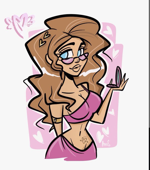 A stylized cartoon illustration of a stylish woman with long brown hair, pink sunglasses, and a pink crop top holding a compact mirror, surrounded by floating hearts, with the artist's signature "Ana S" in the bottom right corner. The glamorous, feminine artwork visually represents the MetaVixens NFT collection being promoted in the post.